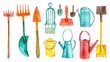 A collection of colorful gardening tools, including shovels, trowels, and watering cans, ready to tend to your garden. Isolated on pure white background.