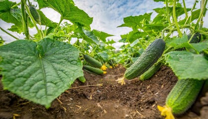 Wall Mural - cucumber - Cucumis sativus - young tender delicious vegetable with green leaves growing in nutrient rich dirt soil or earth, ready to be harvested for human consumption side view with empty row space