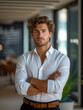 © Rattanaphorn - Handsome businessman portrait, casual and confident, with a charming smile, black shirt, and stylish hair