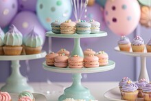 A Charming Display Of Pastel-hued Macarons And Dainty Cupcakes Arranged On A Tiered Stand, Accented By Whimsical Polka Dot Balloons Against A Dreamy Lavender Backdrop.