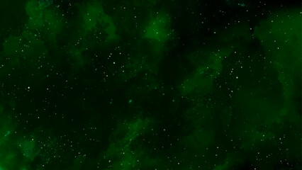 Wall Mural - Rain drops on the window, Beautiful green galaxy with stars. Green nebula space background, blue watercolor and paper texture. 
