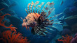 A majestic lionfish gracefully gliding among swaying sea fans and intricate coral formations in the depths of the tropical sea