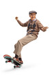 Happy elderly man riding a skateboard and smiling