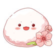 Cute kawaii mochi with sakura flowers. Japanese traditional confectionery. Vector illustration