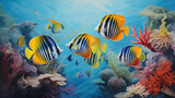 Fototapeta Uliczki - A squadron of dazzling butterflyfish flitting among coral heads, their vibrant hues creating a mesmerizing spectacle against the backdrop of the tropical sea