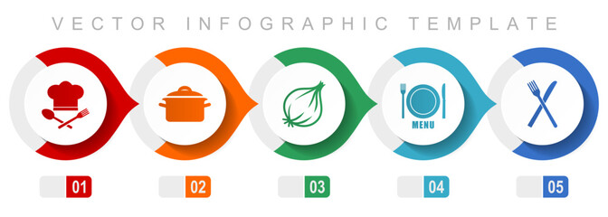 Fototapete - Food flat design infographic template, miscellaneous symbols such as chef hat, pot, onion, menu and cutlery, vector icons collection