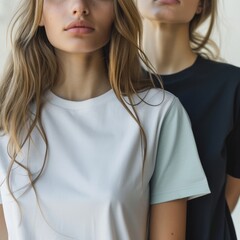 Wall Mural - Two young women are standing close to one another. They both have long blonde hair and are wearing white shirts.
