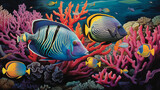 Fototapeta Uliczki - A breathtaking tableau of a school of exotic triggerfish darting among towering coral formations, their intricate patterns a testament to the diversity of life in the tropical sea.