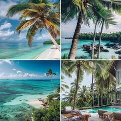 Poster - A collage of four beach photos with palm trees and blue water.