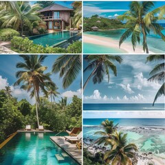 Wall Mural - A collage of 4 beach photos with palm trees and blue water.