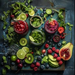 Wall Mural - A variety of fruits and vegetables are arranged on a wooden table.