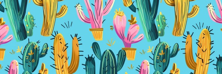 Wall Mural - cactus, seamless pattern. Pattern background of cute cacti.