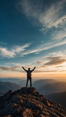 Wall Mural - silhouette of a lone person standing on top of a mountain with arms stretched towards the sky to celebrate their success