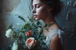 A Stunning woman holding a bouquet of roses. closeup image. Fictional Character Created by Generative AI.