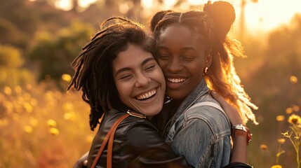 Wall Mural - African Sisters of Friends embracing each other at sunset. Fictional Character Created by Generative AI.