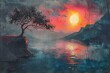 abstract oil painting that vividly depicts a sunrise over Mountains
