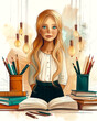 A girl with ringlet hair reading a book at a table with books and pencils
