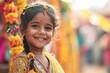  Smiling cute girl in traditional dress celebrates joyful Indian festival. Fictional Character Created by Generative AI.