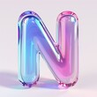 © Taras - Letter N, transparent glass effect. AI generated. Glossy typographic sign with plastic purple reflection. Alphabetic pink neon font