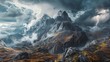 A dynamic mountain landscape mockup during a thunderstorm, with dramatic clouds and lightning, providing a powerful backdrop for weather-resistant outdoor gear. 