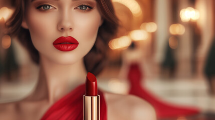 A woman is holding a red lipstick of a blurry background. lipstick is a bold red color, which gives the woman a confident and glamorous appearance. overall appearance of lipstick is in the foreground