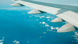 Gazing from a plane's window, the view unfolds with a tranquil blue ocean below, dotted with clouds casting shadows upon the water's surface, embodying the serene freedom of flying
