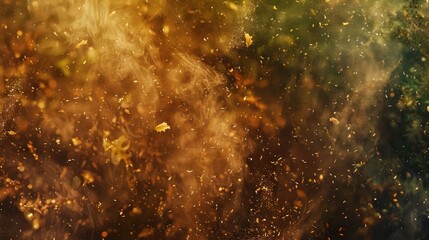 Wall Mural - A harmonious blend of earth-toned dust in browns, greens, and yellows, creating a natural, organic pattern. The dust appears soft and dispersed, like a gentle breeze carrying leaves. 