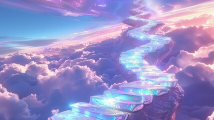 Wall Mural - A heavenly path made of iridescent, floating steps, weaving through a peaceful.