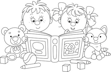 Wall Mural - Funny little boy and girl reading an interesting book of fairy tales among their toys in a nursery room, black and white outline vector cartoon illustration for a coloring book