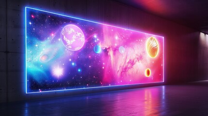 Wall Mural - A  cosmic scene with stars and planets in vivid colors, against the backdrop of a dark room with a smooth concrete wall. 