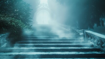 Wall Mural - A magnificent stairway enveloped in a soft, divine fog, with steps leading upwards to a distant, awe-inspiring heavenly gate.
