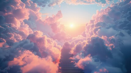 Wall Mural - A majestic stairway surrounded by soft, radiant clouds, each step leading higher towards a tranquil, divine paradise. 