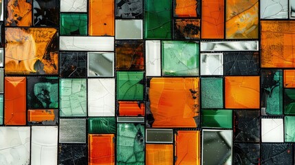 Wall Mural - A panoramic backdrop showcasing an abstract pattern of square glass mosaic tiles in shades of orange, green, black, and white, with a gritty, mirror-like texture