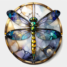 Gold Watercolor Stained Glass Window With Black Marbled Dragonfly On A White Background.