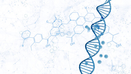 Wall Mural - chemical structure with blue dna chain isolated on white. copy space abstract illustration backgroun