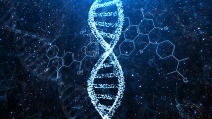 Poster - glowing dna cell structure and chemical bonds background. dark blue space concept illustration.