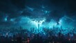 City Skyline: A 3D vector illustration of a city skyline during a thunderstorm
