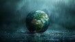 Climate Change: A 3D vector illustration of a globe with dark clouds and heavy rainfall