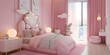  Pink interior design of a girl's bedroom. Kids room with pink bed and walls decorations , Interior of pastel kid bedroom in pink tone with comfortable bed wardrobe desk and many doll 