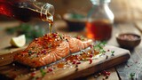 Fototapeta Sport - Close-up of a chef's hand pouring sauce on grilled salmon fillet