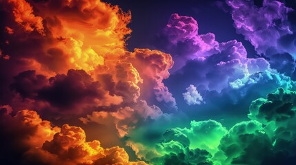 Wall Mural - An abstract sky with bold, bright neon clouds in contrasting colors of orange, purple, and green, set against a dark blue sky. 