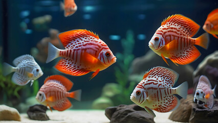 Wall Mural - Stunning South American Amazon River Discus Cichlids 300 PPI High Resolution Image