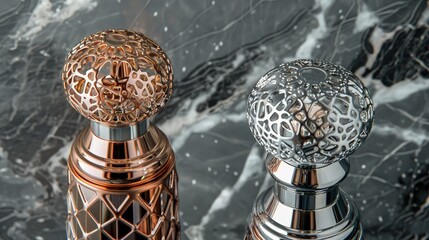  arrangement of two perfume bottles, one with a rose gold top and intricate details, the other with a sleek, platinum finish, both set against a richly veined gray marble backdrop.