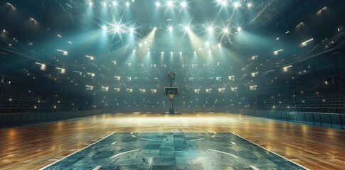 A basketball arena with spotlights shining down.