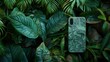 Smartphone design with a casing made from recycled materials, set against a backdrop of lush foliage to emphasize its green credentials. 