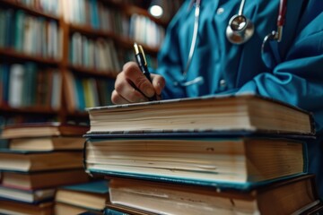 Wall Mural - A person is writing in a library with many books stacked on top of each other