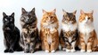Five beautiful cats of various breeds sitting side by side against a light background looking at the camera with attentive expressions. 