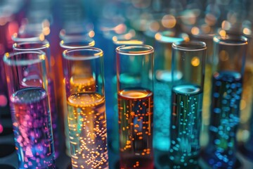 Wall Mural - A row of colorful test tubes filled with bubbling liquids