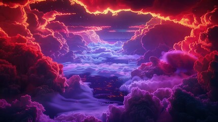 Wall Mural - An otherworldly landscape with neon clouds in a gradient of red to purple, casting a surreal glow over an unseen landscape below. 