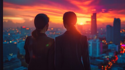 Wall Mural - Two silhouettes watching a vibrant sunset over a city skyline, creating a serene and reflective atmosphere.